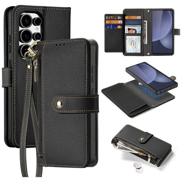 Etui skórzane Dux Ducis Lawa na Samsung Galaxy S25 Ultra z odłączanym portfelem magnetycznym - czarne