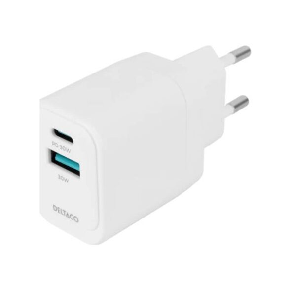 USB GaN sieninis įkroviklis DELTACO, 1x USB-A 18, W 1x USB-C PD 30 W, PPS / USBC-AC155 / 1903158