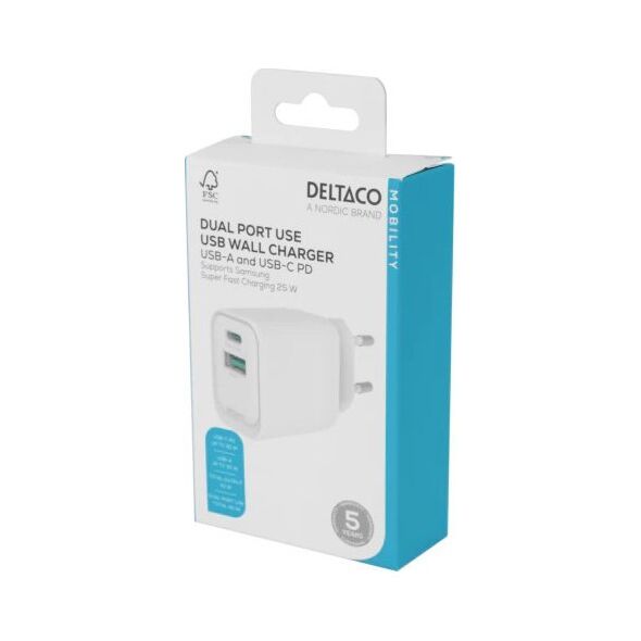 USB GaN sieninis įkroviklis DELTACO, 1x USB-A 18, W 1x USB-C PD 30 W, PPS / USBC-AC155 / 1903158