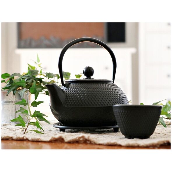 Cast iron teapot with filter MPLCo, with cups, black, 0.8 L