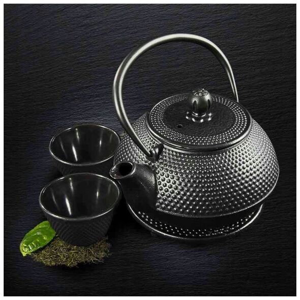 Cast iron teapot with filter MPLCo, with cups, black, 0.8 L