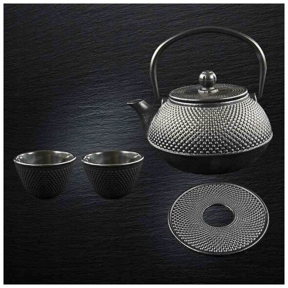 Cast iron teapot with filter MPLCo, with cups, black, 0.8 L