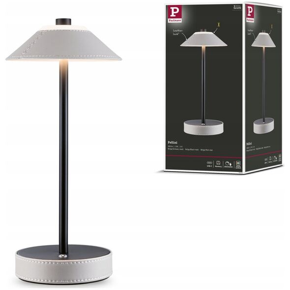 Lampka stołowa akumulatorowa PELLINI  LED DIM USB-C 2W 300lm 3000K-6500K IP44 beżowy / czarny matowy / skóra / metal