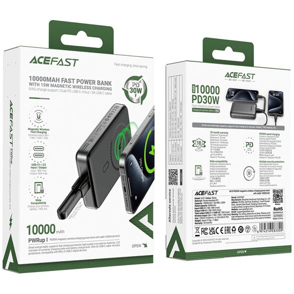 Powerbank magnetyczny 10000mAh indukcyjny 2x USB-C PD 30W + kabel USB-C - czarny Powerbank magnetyczny 10000mAh indukcyjny 2x USB-C PD 30W + kabel USB-C - czarny