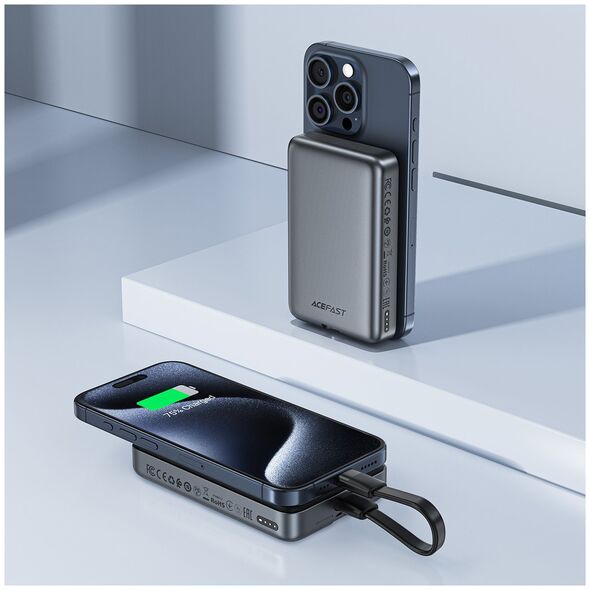 Powerbank magnetyczny 10000mAh indukcyjny 2x USB-C PD 30W + kabel USB-C - czarny Powerbank magnetyczny 10000mAh indukcyjny 2x USB-C PD 30W + kabel USB-C - czarny