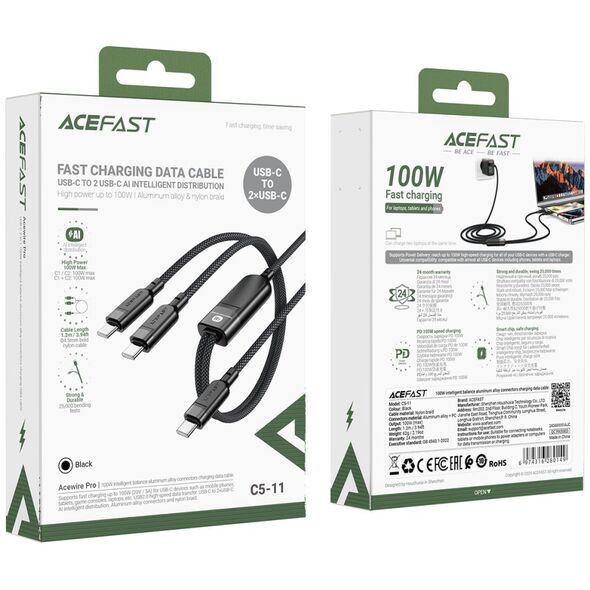 2w1 Kabel przewód podwójny USB-C - 2x USB-C 100W 480Mb/s - czarny 2w1 Kabel przewód podwójny USB-C - 2x USB-C 100W 480Mb/s - czarny