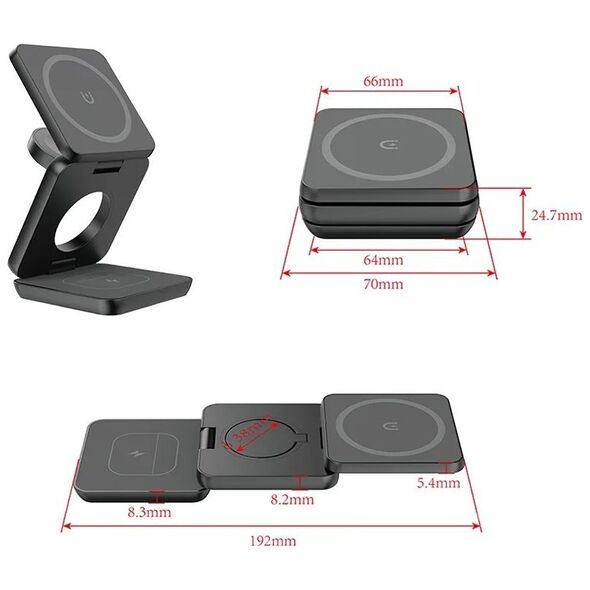 Φορτιστής 1stCOOL 1stCOOL bezdrátová skládací QI nabíječka 3v1, MagSafe, USB-C, μαύρο 14118684 8594192891376