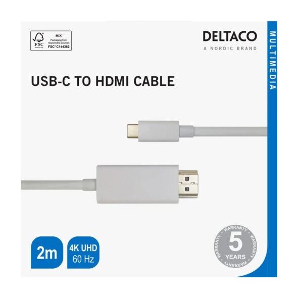 Kabel Deltaco USB-C - HDMI kabelis DELTACO 4K UHD, paauksuotos jungtys, 2m, baltas / USBC-HDMI1021-K / 00140022