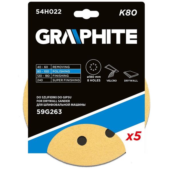 Graphite Papier ścierny na rzep 180 mm, K80, 5 szt., z 8 otworami do szlifierki 59G263