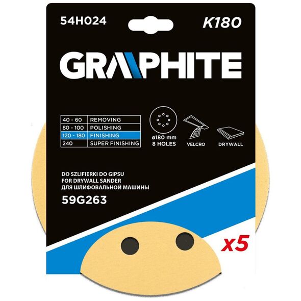 Graphite Papier ścierny na rzep 180 mm, K180, 5 szt., z 8 otworami do szlifierki 59G263
