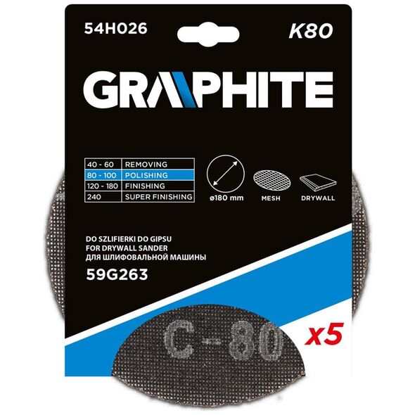 Graphite Siatka ścierna do gipsu na rzep 180 mm, K80, 5szt do szlifierki 59G263
