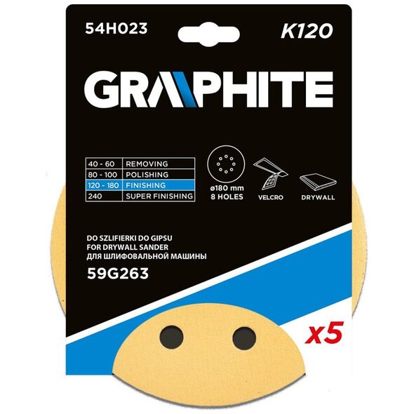 Graphite Papier ścierny na rzep 180 mm, K120, 5 szt., z 8 otworami do szlifierki 59G263