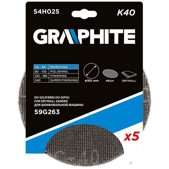Graphite Siatka ścierna do gipsu na rzep 180 mm, K40, 5szt do szlifierki 59G263
