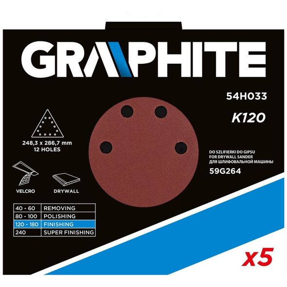 Graphite Papier ścierny na rzep K120, trójkątny z 12 otworami, 5szt do szlifierki 59G264