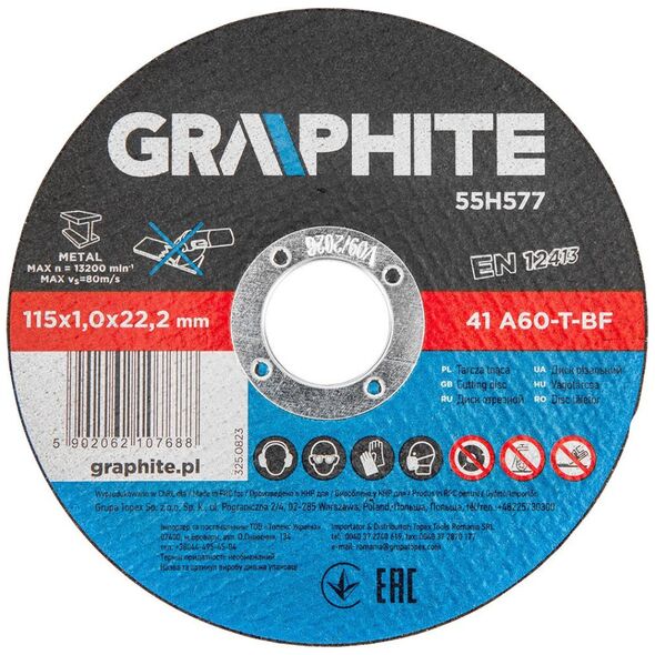 Graphite Tarcze tnące do metalu 115 x 1.0 x 22.2 mm, 41 A60-T-BF, 10 sztuk folia