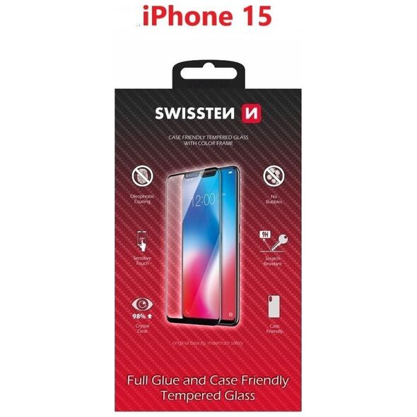 Swissten Tempered Glass with Black Edges (Frame & Case Friendly) for iPhone 15