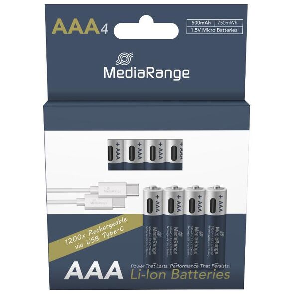 MediaRange Rechargeable USB-C Li-Ion Batteries, Micro AAA I 1.5V I 500mAh, 4-Pack (MRBAT160) έως 12 άτοκες Δόσεις