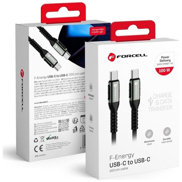 FORCELL F-ENERGY C260 kabel Typ C do Typ C QC4.0 PD 5A 100W Cafule 3 m czarny