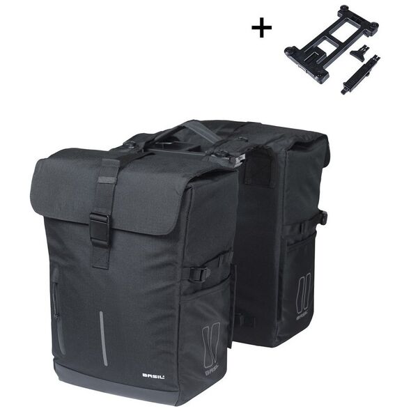 Sakwy BASIL MOVE DOUBLE BICYCLE BAG, MIK z adapterem do mocowania, 30L, Wodoodporna, Black (NEW 2025)