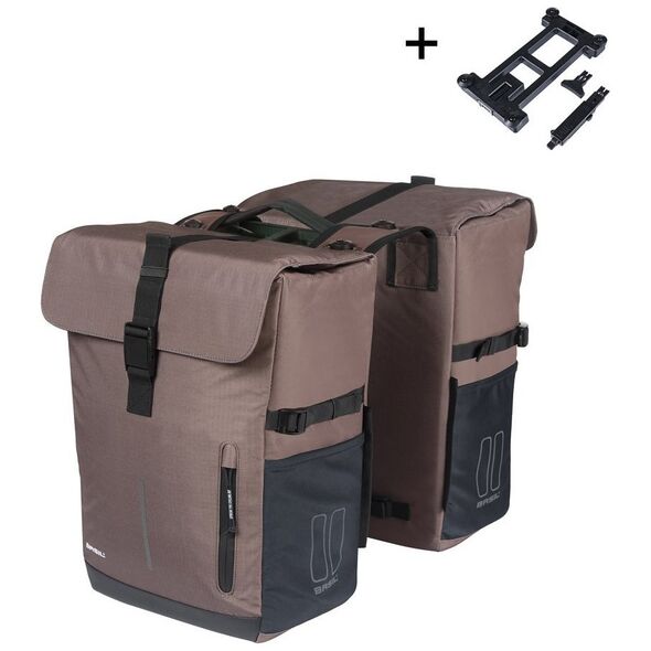 Sakwy BASIL MOVE DOUBLE BICYCLE BAG, MIK z adapterem do mocowania, 30L, Wodoodporna, Brown (NEW 2025)