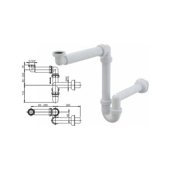 Syfon Alca plast rurowy 5/4" DN40 oszczędzający miejsce biały (A434)