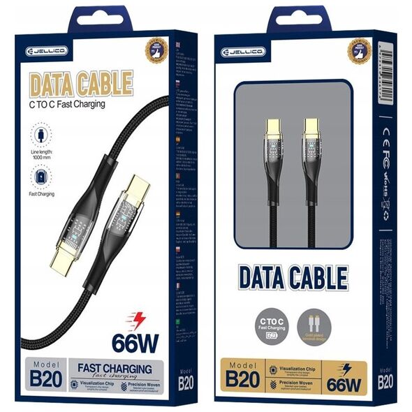 JELLICO kabel B20 USB-C - USB-C PD 66W 1M Czarny