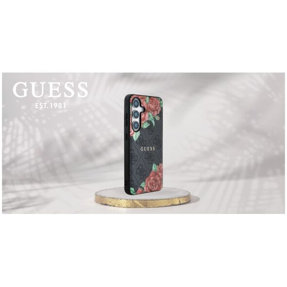 Guess Leather 4G Flowers Print Metal Classic Logo MagSafe Samsung Galaxy S25 case black