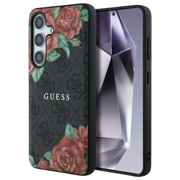 Guess Leather 4G Flowers Print Metal Classic Logo MagSafe Samsung Galaxy S25 case black