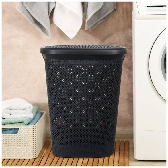 Kosz na pranie Bathroom Solutions Kosz na pranie pojemnik łazienkowy na odzież bieliznę z pokrywą czarny 60 l