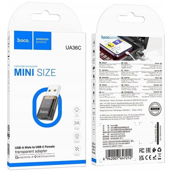 HOCO adapter USB A (męski) do Typ C (żeński) UA36C transparentny czarny