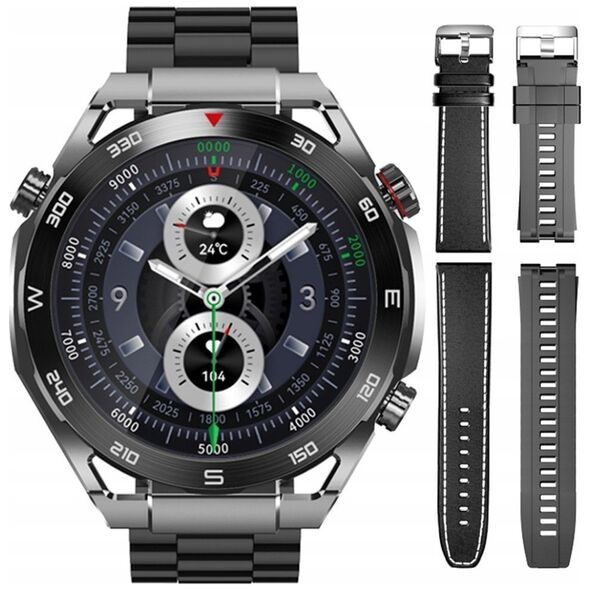 Smartwatch Veltori VT100-1 + Czarny Pasek Silikonowy + Czarny Eko Skóra