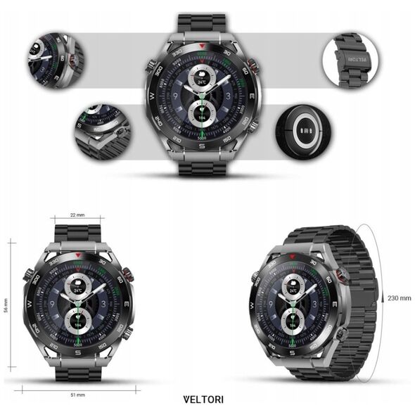 Smartwatch Veltori VT100-1 + Czarny Pasek Silikonowy + Czarny Eko Skóra