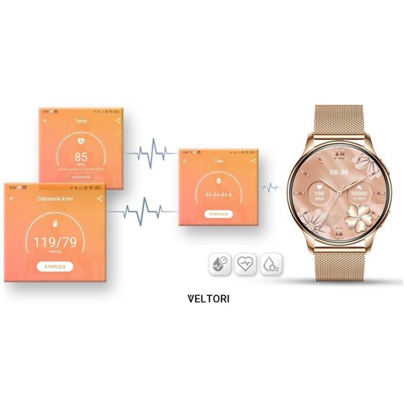 Smartwatch Damski Veltori VT300-1 Złota Bransoleta