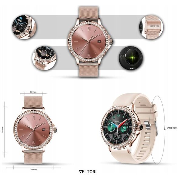 Smartwatch Damski Veltori VT320-1 Złota Bransoleta + Różowy Pasek Silikonowy