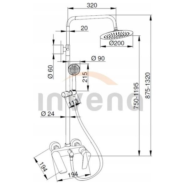 INVENA DOKOS shower system: rain and hand shower, stand, faucet