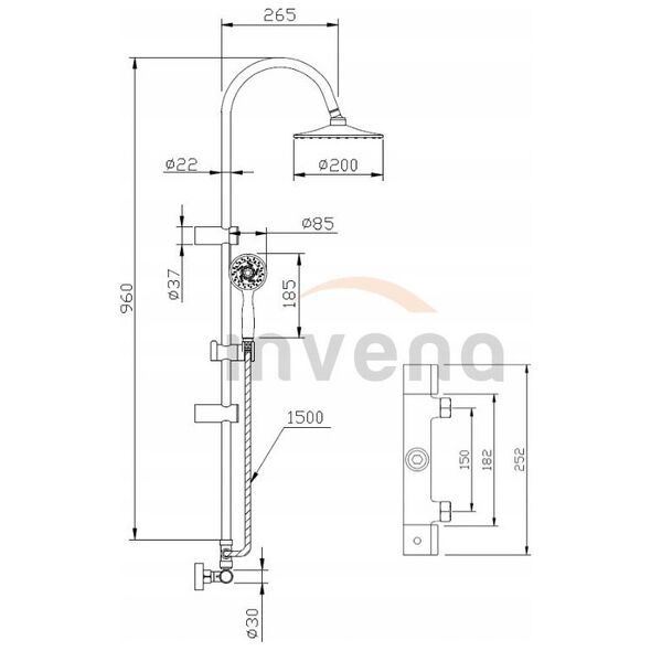 Shower system INVENA GRACJA, rain and hand shower, mixer, chrome finish.
