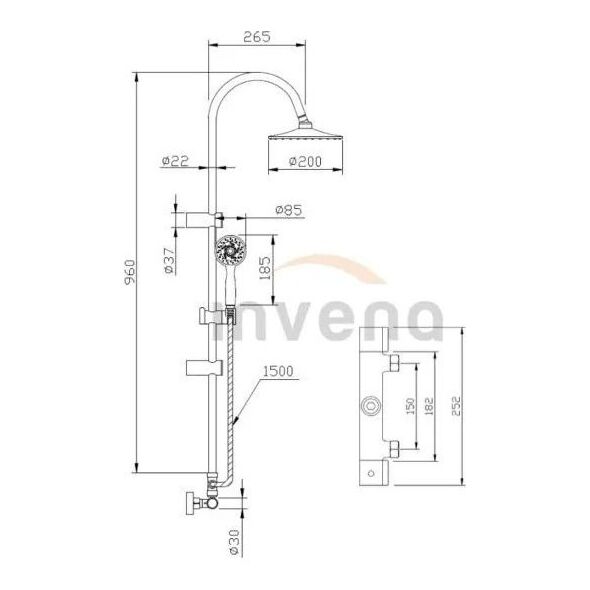 Shower system INVENA GRACJA, rain and hand shower, mixer, chrome finish.