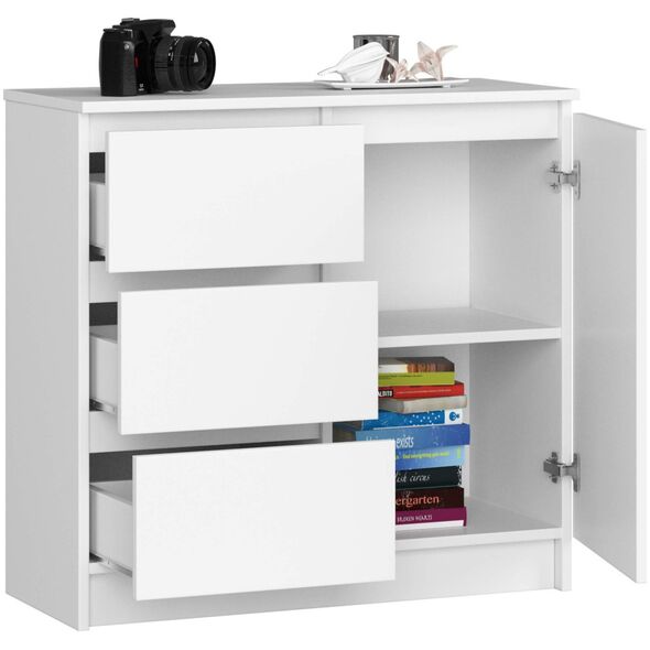 Fabryka Mebli Akord Komoda bezuchwytowa JERRY 80 cm nowoczesna 1 drzwi 3 szuflady 2 półki - biała