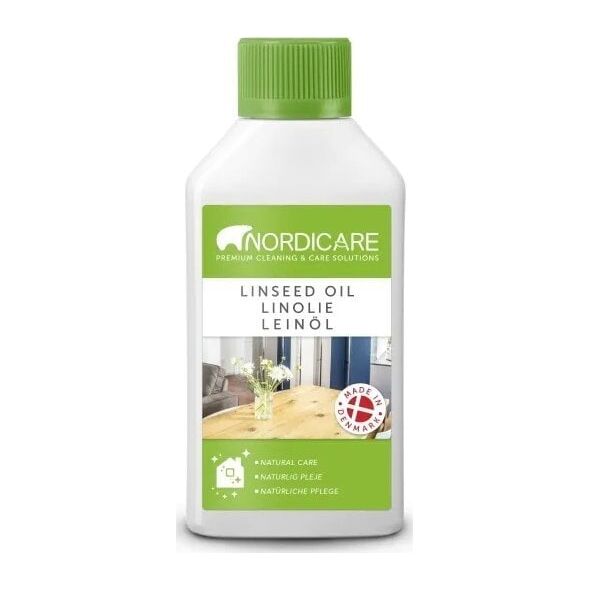 nordicare Nordicare LINSEED OIL is a vegetable oil for treatment and maintenance of all solid wood. The oil leaves a 100% biological surface and underlines the original natural structure of the wood. Provides the surface with a beautiful, long-lasting an