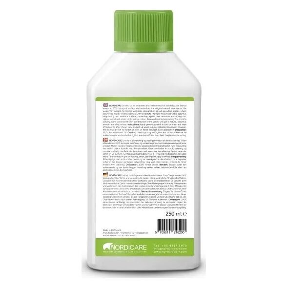 nordicare Nordicare LINSEED OIL is a vegetable oil for treatment and maintenance of all solid wood. The oil leaves a 100% biological surface and underlines the original natural structure of the wood. Provides the surface with a beautiful, long-lasting an