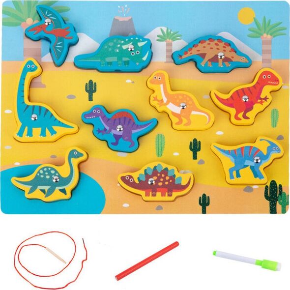 Układanka Drewniana Magnesy Sznurek Do Przeplatania Dinozaury
