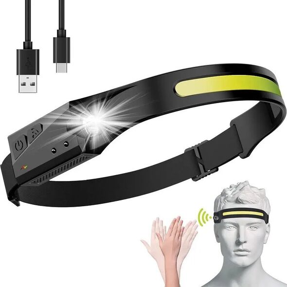 Latarka czołowa Hurtel Latarka czołowa czołówka LED z czujnikiem ruchu IPX4 USB-C 1200 mAh czarna Latarka czołowa czołówka LED z czujnikiem ruchu IPX4 USB-C 1200 mAh czarna