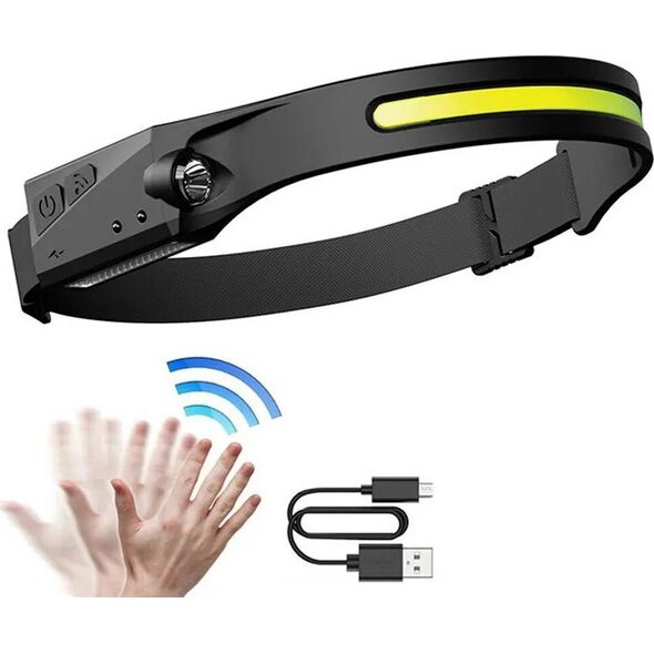 Latarka czołowa Hurtel Latarka czołowa czołówka LED z czujnikiem ruchu IPX4 USB-C 1200 mAh czarna Latarka czołowa czołówka LED z czujnikiem ruchu IPX4 USB-C 1200 mAh czarna