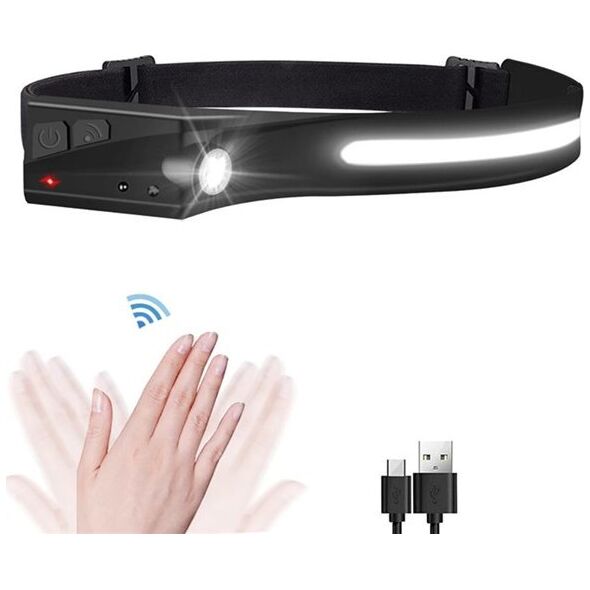 Latarka czołowa Hurtel Latarka czołowa czołówka LED z czujnikiem ruchu IPX4 USB-C 1200 mAh czarna Latarka czołowa czołówka LED z czujnikiem ruchu IPX4 USB-C 1200 mAh czarna