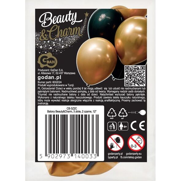 GoDan Balony Beauty&Charm, 3 złote, 2 czarne, 12"