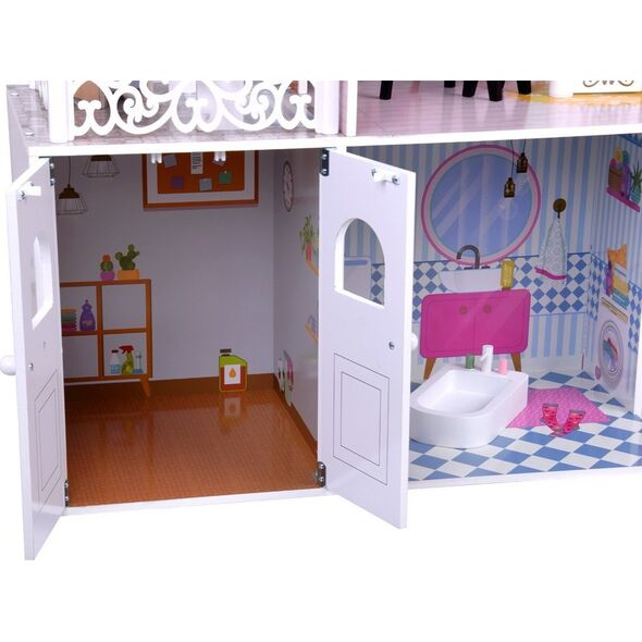 Duży Ażurowy Domek drewniany dla lalek + Winda Garaż Balkon Meble ZA5388