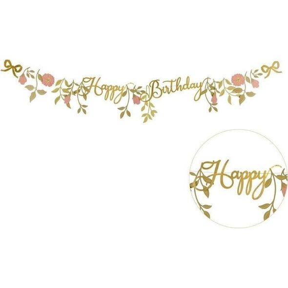 Baner Happy Birthday kwiaty różowo złote 1.3m