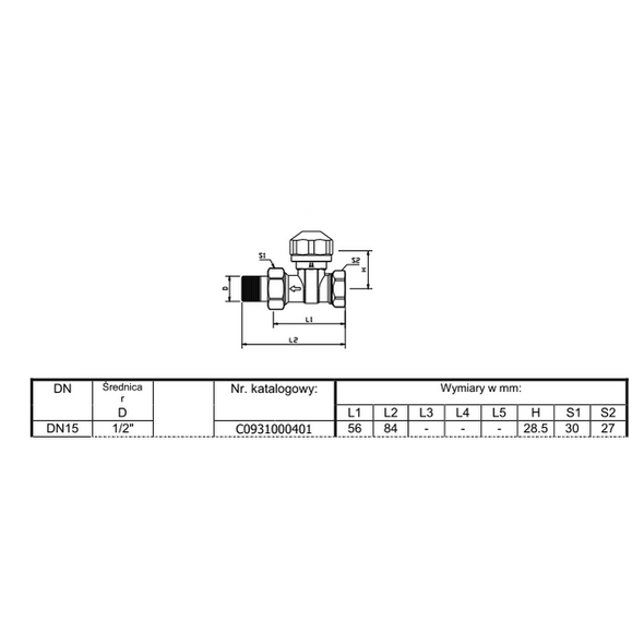 Basic Zawór termostatyczny prosty 1/2" mosiężny - C093100701