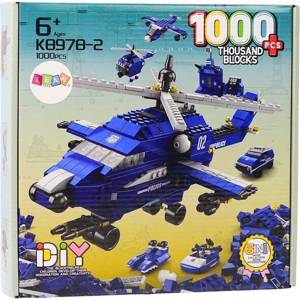 LeanToys Helikopter Śmigłowiec Policyjny Klocki Konstrukcyjne 6w1 Niebieski 1000ele.