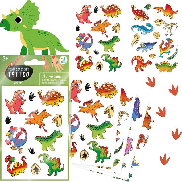 Dodo ZESTAW TYMCZASOWYCH TATUAŻY "DINOZAURY" 4 ARKUSZE Z KOLOROWYMI TATUAŻAMI